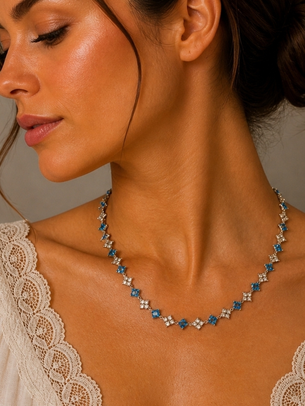 Vintage Dainty Icy Blue Crystal Silvertone Collar Necklace
